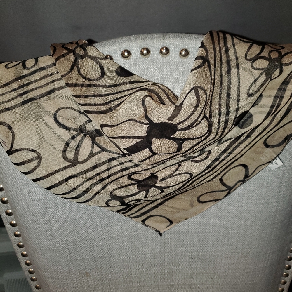 Scarf, Brown And Beige Flowers, Rayon, vintage, 16"
